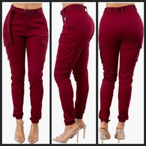 Women's Trendy Slim Fit Belted Cargo Pants with Stretchy Spandex